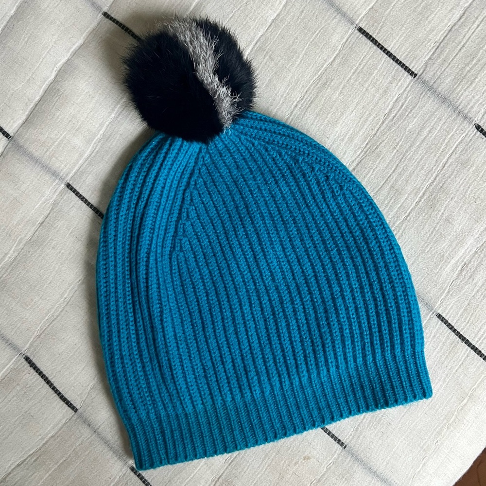 EUC LK Bennett Blue Merino Cashmere Pom Beanie Hat